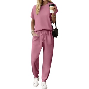 image:imageEkouaer Womens Cotton Matching Lounge Sets Short Sleeve Top and Jogger Pants Set Fashion Casual OutfitsRose Red