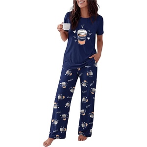 image:imageEkouaer Womens Pajamas Sets 2 Piece Short Sleeve Lounge Set Printed Loose Pants Round Neck Pj Sets LoungewearNavy Blue Coffee