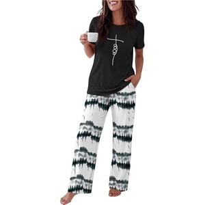 image:imageEkouaer Womens Pajamas Sets 2 Piece Short Sleeve Lounge Set Printed Loose Pants Round Neck Pj Sets LoungewearOmbre Black