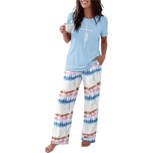 image:imageEkouaer Womens Pajamas Sets 2 Piece Short Sleeve Lounge Set Printed Loose Pants Round Neck Pj Sets LoungewearOmbre Blue