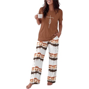 image:imageEkouaer Womens Pajamas Sets 2 Piece Short Sleeve Lounge Set Printed Loose Pants Round Neck Pj Sets LoungewearOmbre Brown