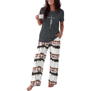 image:imageEkouaer Womens Pajamas Sets 2 Piece Short Sleeve Lounge Set Printed Loose Pants Round Neck Pj Sets LoungewearOmbre Dark Gray