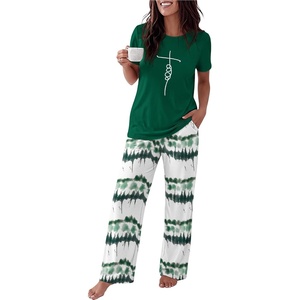 image:imageEkouaer Womens Pajamas Sets 2 Piece Short Sleeve Lounge Set Printed Loose Pants Round Neck Pj Sets LoungewearOmbre Deep Green