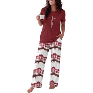 image:imageEkouaer Womens Pajamas Sets 2 Piece Short Sleeve Lounge Set Printed Loose Pants Round Neck Pj Sets LoungewearOmbre Wine Red