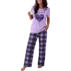 image:imageEkouaer Womens Pajamas Sets 2 Piece Short Sleeve Lounge Set Printed Loose Pants Round Neck Pj Sets LoungewearPlaid Purple