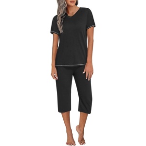 image:imageEkouaer Womens Sleepwear Capri Pajama Sets Short Sleeve TwoPiece Pjs V Neck Tops amp Capri Pants with Pockets S3XLBlack