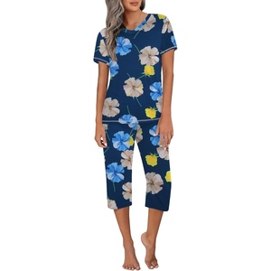 image:imageEkouaer Womens Sleepwear Capri Pajama Sets Short Sleeve TwoPiece Pjs V Neck Tops amp Capri Pants with Pockets S3XLBlue Khaki Flowers
