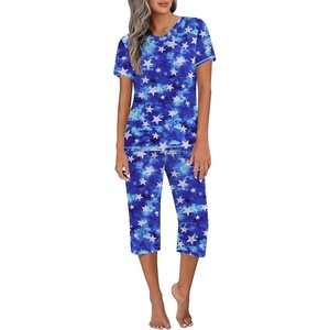 image:imageEkouaer Womens Sleepwear Capri Pajama Sets Short Sleeve TwoPiece Pjs V Neck Tops amp Capri Pants with Pockets S3XLBlue Stars