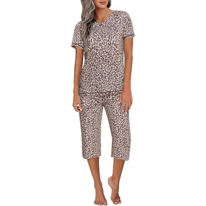 image:imageEkouaer Womens Sleepwear Capri Pajama Sets Short Sleeve TwoPiece Pjs V Neck Tops amp Capri Pants with Pockets S3XLLeopard