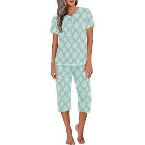 image:imageEkouaer Womens Sleepwear Capri Pajama Sets Short Sleeve TwoPiece Pjs V Neck Tops amp Capri Pants with Pockets S3XLLight Green Flowers