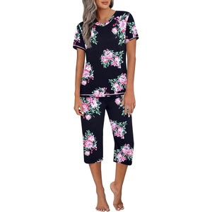 image:imageEkouaer Womens Sleepwear Capri Pajama Sets Short Sleeve TwoPiece Pjs V Neck Tops amp Capri Pants with Pockets S3XLNavy Flowers