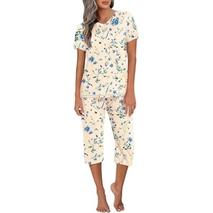 image:imageEkouaer Womens Sleepwear Capri Pajama Sets Short Sleeve TwoPiece Pjs V Neck Tops amp Capri Pants with Pockets S3XLWhite Blue Flowers
