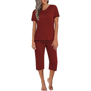 image:imageEkouaer Womens Sleepwear Capri Pajama Sets Short Sleeve TwoPiece Pjs V Neck Tops amp Capri Pants with Pockets S3XLWine Red