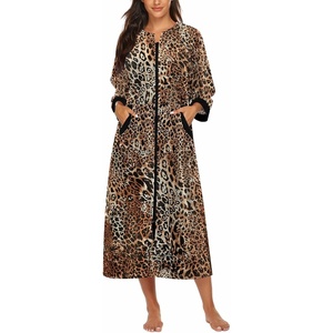 image:imageEkouaer Robe for Women Velour Zipper Robe 34 Sleeves Housecoat Full Length Loungewear Long Bathrobe with PocketsLeopard Print