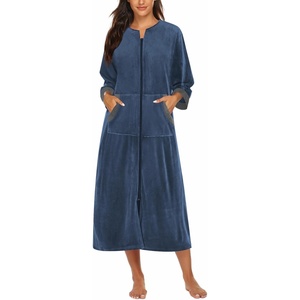 image:imageEkouaer Robe for Women Velour Zipper Robe 34 Sleeves Housecoat Full Length Loungewear Long Bathrobe with PocketsNavy Blue