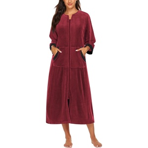 image:imageEkouaer Robe for Women Velour Zipper Robe 34 Sleeves Housecoat Full Length Loungewear Long Bathrobe with PocketsRed