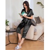 image:imageEkouaer Womens Satin Pajamas Silk Capri Pjs 2 Piece Lounge Sets Short Sleeve Button Down SleepwearBlack
