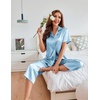 image:imageEkouaer Womens Satin Pajamas Silk Capri Pjs 2 Piece Lounge Sets Short Sleeve Button Down SleepwearLight Blue