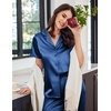 image:imageEkouaer Womens Satin Pajamas Silk Capri Pjs 2 Piece Lounge Sets Short Sleeve Button Down SleepwearNavy Blue