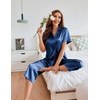 image:imageEkouaer Womens Satin Pajamas Silk Capri Pjs 2 Piece Lounge Sets Short Sleeve Button Down SleepwearNavy Blue