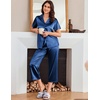 image:imageEkouaer Womens Satin Pajamas Silk Capri Pjs 2 Piece Lounge Sets Short Sleeve Button Down SleepwearNavy Blue