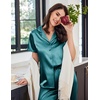 image:imageEkouaer Womens Satin Pajamas Silk Capri Pjs 2 Piece Lounge Sets Short Sleeve Button Down SleepwearPeacock Blue