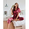 image:imageEkouaer Womens Satin Pajamas Silk Capri Pjs 2 Piece Lounge Sets Short Sleeve Button Down SleepwearRed