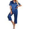 image:imageEkouaer Womens Satin Pajamas Silk Capri Pjs 2 Piece Lounge Sets Short Sleeve Button Down SleepwearNavy Blue