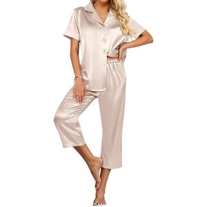 image:imageEkouaer Womens Satin Pajamas Silk Capri Pjs 2 Piece Lounge Sets Short Sleeve Button Down SleepwearChampagne