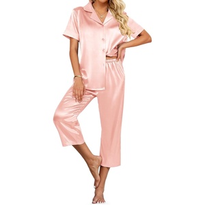 image:imageEkouaer Womens Satin Pajamas Silk Capri Pjs 2 Piece Lounge Sets Short Sleeve Button Down SleepwearLight Pink