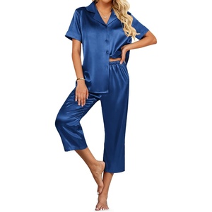 image:imageEkouaer Womens Satin Pajamas Silk Capri Pjs 2 Piece Lounge Sets Short Sleeve Button Down SleepwearNavy Blue