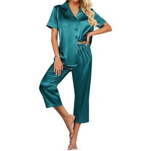 image:imageEkouaer Womens Satin Pajamas Silk Capri Pjs 2 Piece Lounge Sets Short Sleeve Button Down SleepwearPeacock Blue