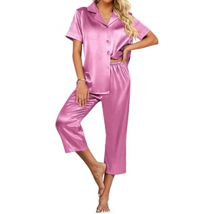 image:imageEkouaer Womens Satin Pajamas Silk Capri Pjs 2 Piece Lounge Sets Short Sleeve Button Down SleepwearPurple