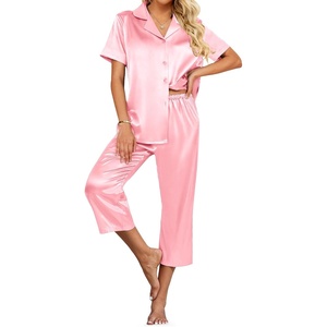 image:imageEkouaer Womens Satin Pajamas Silk Capri Pjs 2 Piece Lounge Sets Short Sleeve Button Down SleepwearVeiled Rose