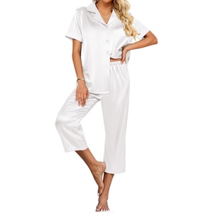 image:imageEkouaer Womens Satin Pajamas Silk Capri Pjs 2 Piece Lounge Sets Short Sleeve Button Down SleepwearWhite