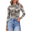 image:imageEkouaer Lace Long Sleeve Tops for Women Mock Turtleneck Mesh Shirts Sexy See Through Mesh Undershirts Fashion Going Out TeesWhite Printed
