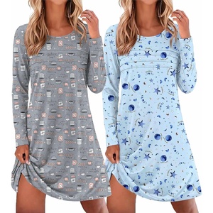 image:imageEkouaer 2 Pack Long Sleeve Nightgown for Women Crew Neck Sleepshirts S3XL  Excellent Value for the Price Features Many Cute Prints Soft Comfortable Fabric Long Sleeve O Neck Nightgown for SleepingCoffeStar Print