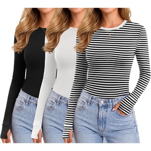 image:imageEkouaer 3 Pack Long Sleeve Shirts for Women with Thumb Holes Casual TopsBlackWhiteWhite Black Stripe