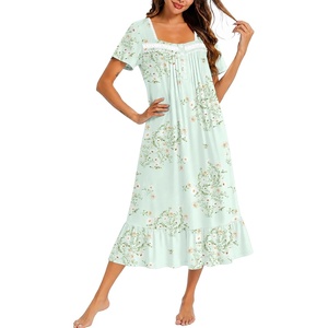 image:imageEkouaer Cotton Long Nightgowns for Women Short Sleeve Night Gown Button House Dress Lace Trim Soft Sleep ShirtGreen Little Flower
