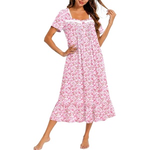 image:imageEkouaer Cotton Long Nightgowns for Women Short Sleeve Night Gown Button House Dress Lace Trim Soft Sleep ShirtPink Floral