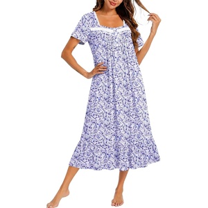 image:imageEkouaer Cotton Long Nightgowns for Women Short Sleeve Night Gown Button House Dress Lace Trim Soft Sleep ShirtPurple Floral