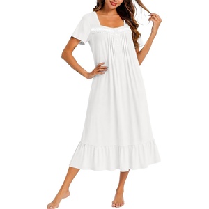 image:imageEkouaer Cotton Long Nightgowns for Women Short Sleeve Night Gown Button House Dress Lace Trim Soft Sleep ShirtWhite