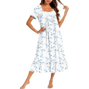 image:imageEkouaer Cotton Long Nightgowns for Women Short Sleeve Night Gown Button House Dress Lace Trim Soft Sleep ShirtWhite Blue Floral