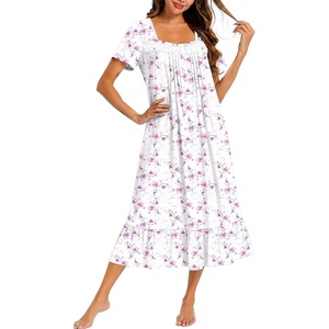 image:imageEkouaer Cotton Long Nightgowns for Women Short Sleeve Night Gown Button House Dress Lace Trim Soft Sleep ShirtWhite Pink Floral