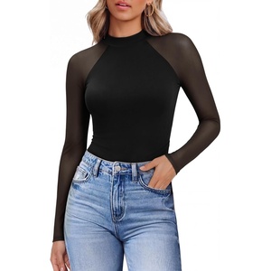 image:imageEkouaer Lace Long Sleeve Tops for Women Mock Turtleneck Mesh Shirts Sexy See Through Mesh Undershirts Fashion Going Out TeesBlack