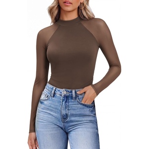 image:imageEkouaer Lace Long Sleeve Tops for Women Mock Turtleneck Mesh Shirts Sexy See Through Mesh Undershirts Fashion Going Out TeesBrown