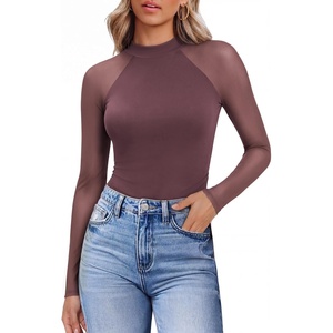image:imageEkouaer Lace Long Sleeve Tops for Women Mock Turtleneck Mesh Shirts Sexy See Through Mesh Undershirts Fashion Going Out TeesMagenta