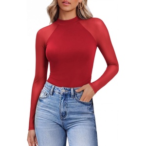 image:imageEkouaer Lace Long Sleeve Tops for Women Mock Turtleneck Mesh Shirts Sexy See Through Mesh Undershirts Fashion Going Out TeesRed