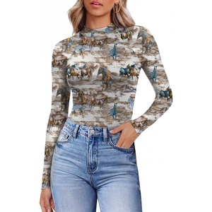 image:imageEkouaer Lace Long Sleeve Tops for Women Mock Turtleneck Mesh Shirts Sexy See Through Mesh Undershirts Fashion Going Out TeesWhite Printed
