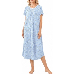 image:imageEkouaer Long Nightgown for Women Short Sleeve Henley Sleepshirt with Pocket  Floral House Dress for Women Button Nightgowns Pleated Full Length Sleep Dress Pluse Size Sleep Dress with Lace S3XLLight Blue Flowers